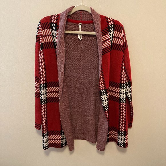 Cardigan Leo & Nicole Sz PS Red Black Plaid Sweater Open Front Grandma-Core - Picture 2 of 12